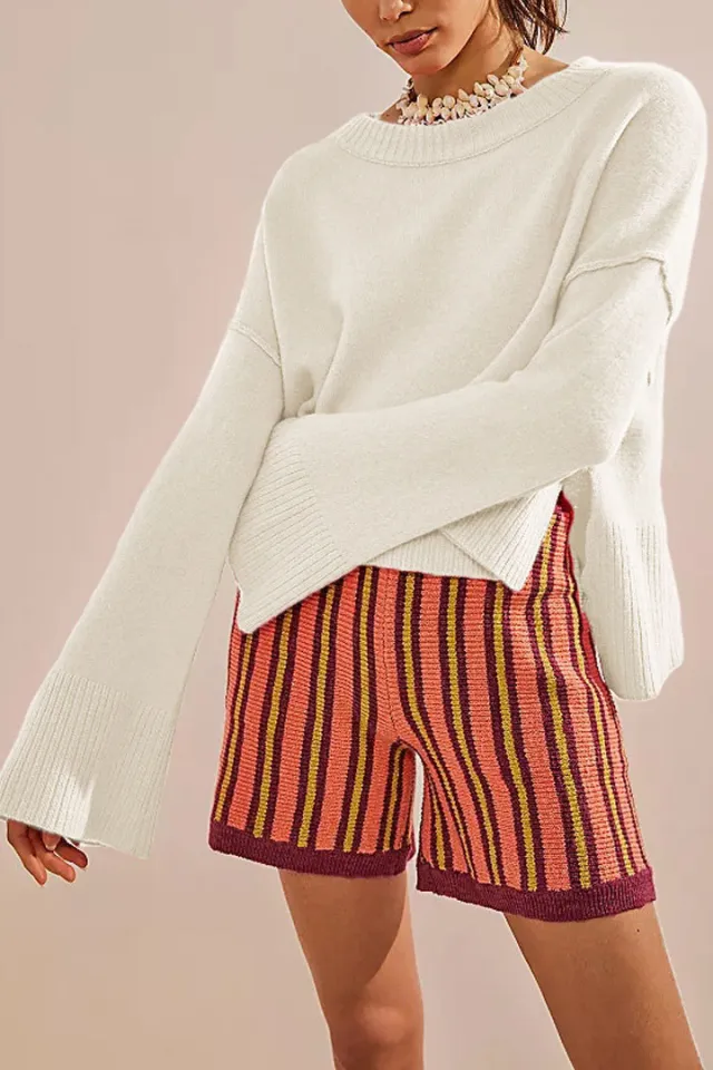 Solid Color Round neck Flared Sleeves Pullover Sweater Fashion Sweater Apricot - Shop at LoveMi