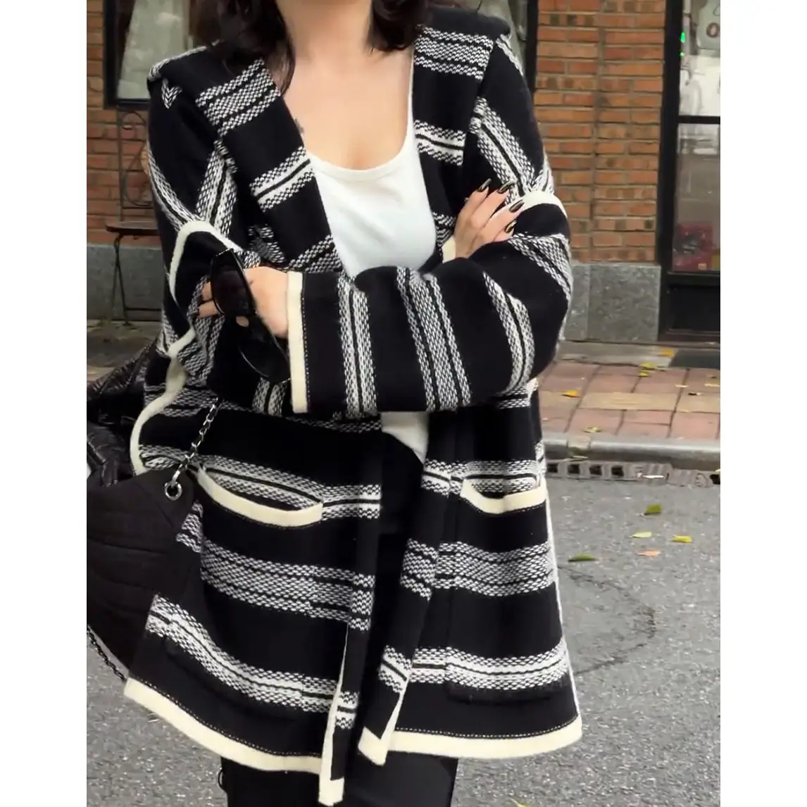 Striped Hooded Casual Mid-length Loose Sweater — Black And White Stripes, Free Size
