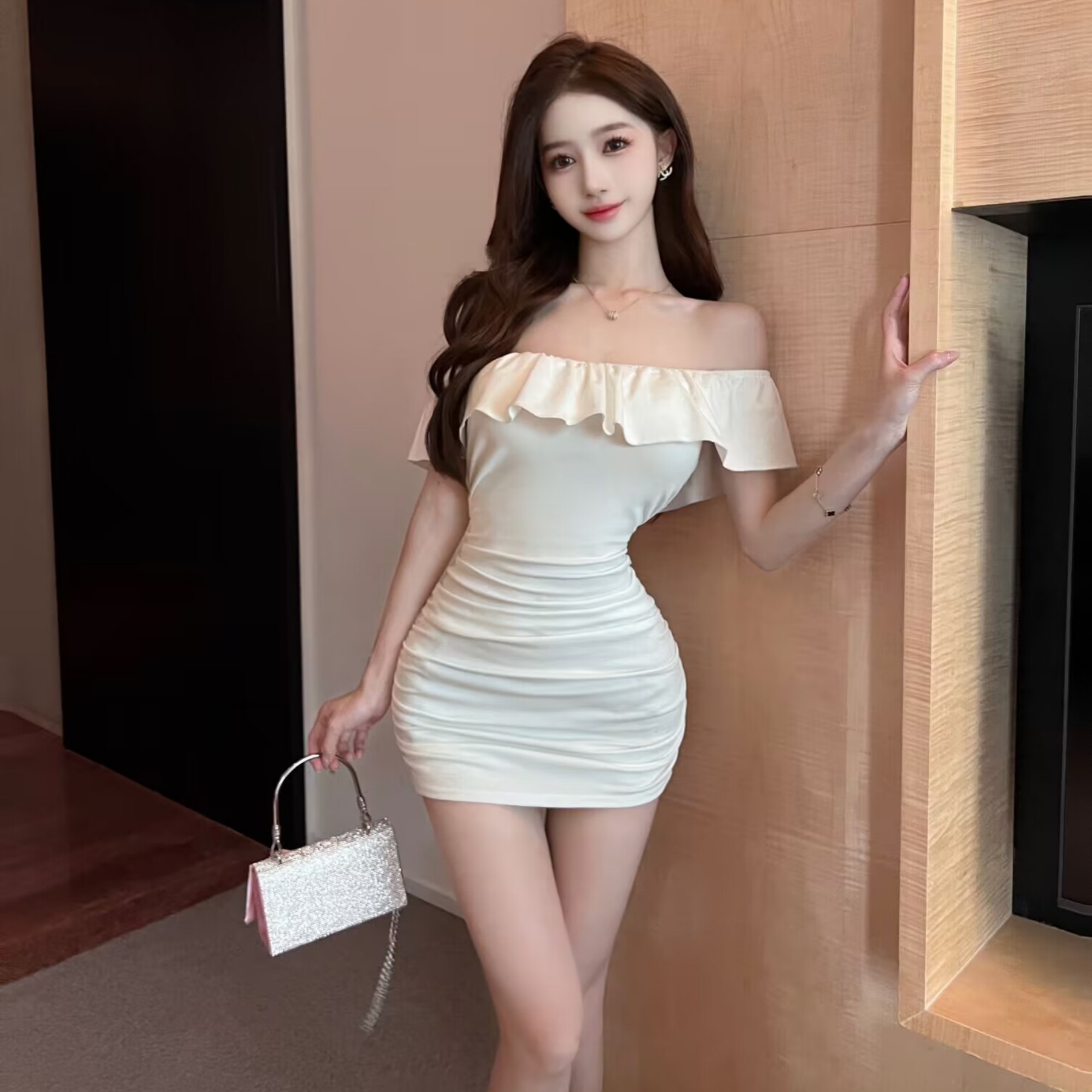 Women's Sexy Off-Shoulder Bodycon Dress With Ruffle Hem