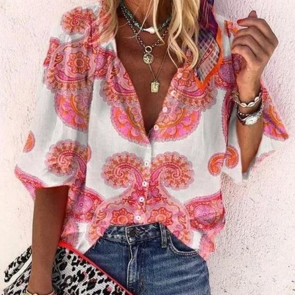 Bohemian Retro Geometric Print Colorful Spring And Autumn Women's Stand Collar Loose Shirt Style449 - Shop at LoveMi