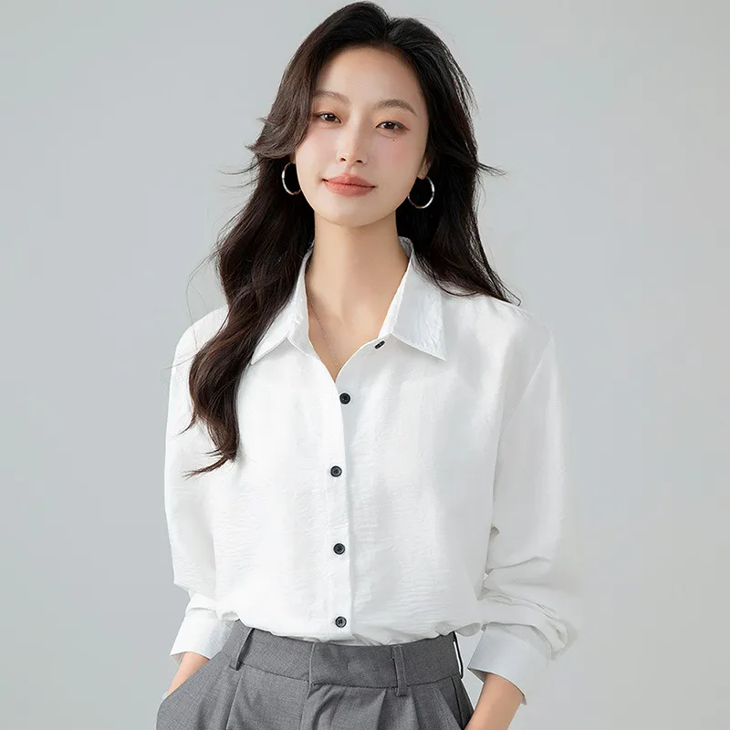 Texture Loose Long Sleeve Lazy Sense All-matching Shirt - White