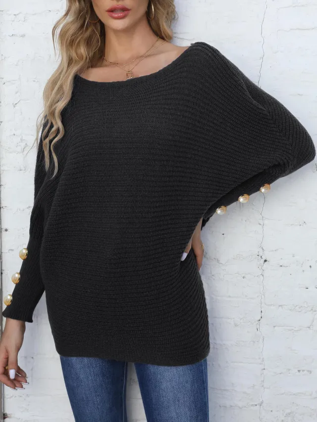 Women's Pearl Button Batwing Sleeve Off neck Loose Sweater Black - Shop at LoveMi