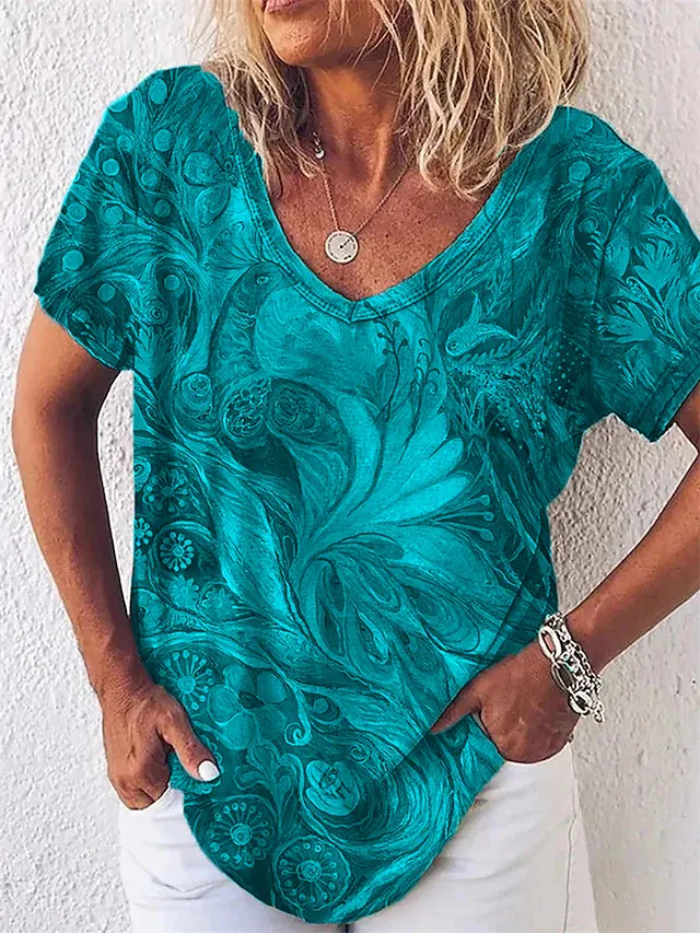 Europe And America Cross Border Summer Elegance Women's 3D Women's Abstract Painting T shirt Pattern Graffiti Sky Blue - Shop at LoveMi