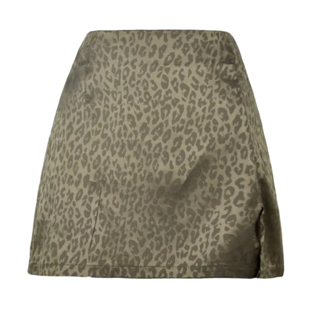 Women's Leopard Print High Waist Slit Short Skirt Jacquard Army Green - Shop at LoveMi