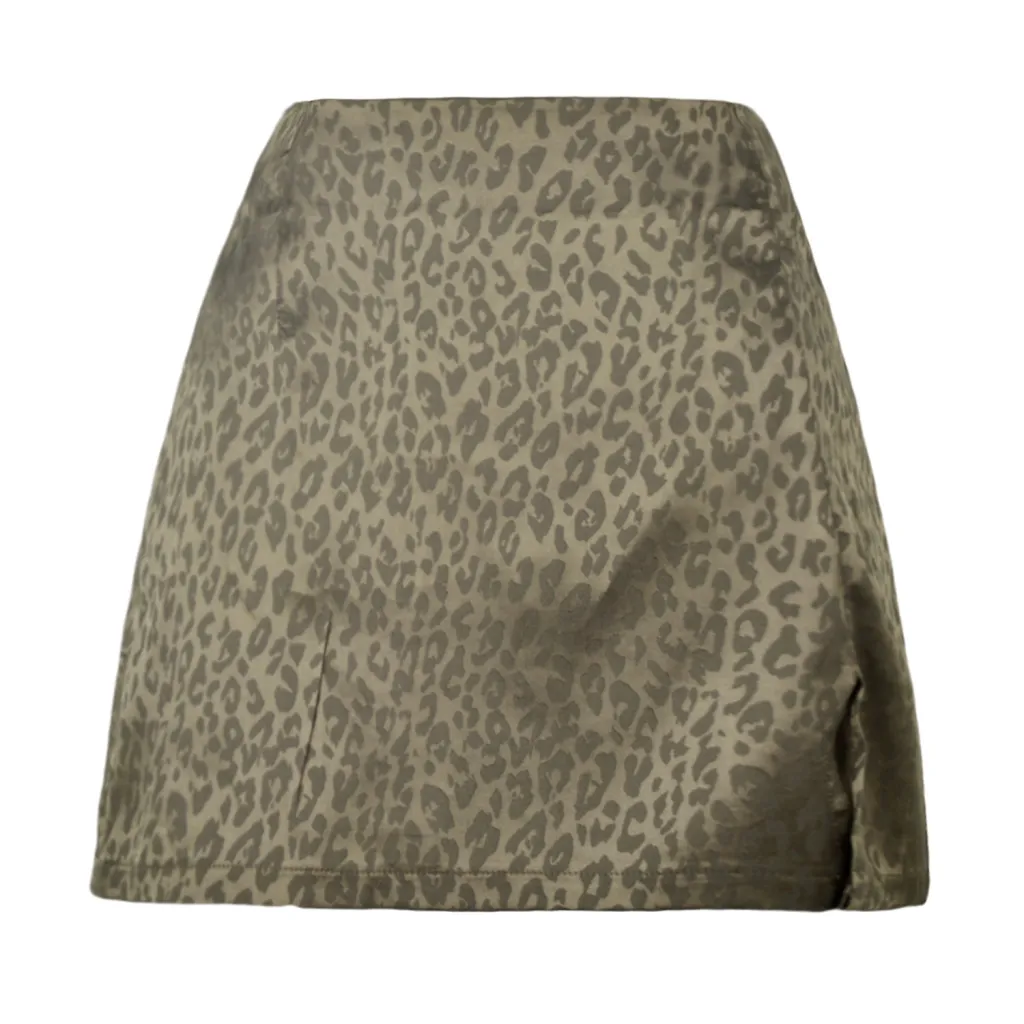 Women's Leopard Print High Waist Slit Short Skirt Jacquard - Army Green