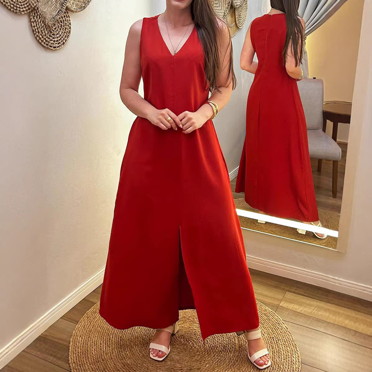 Womens Solid Color V Neck Sleeveless Casual Loose Cotton Linen Dress