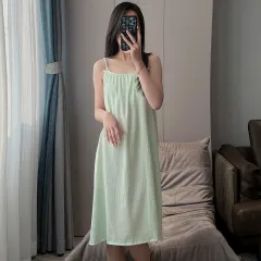 Women's Thin Plus Size Loose Slip Nightdress With Chest Pad - Pure Green - View 1