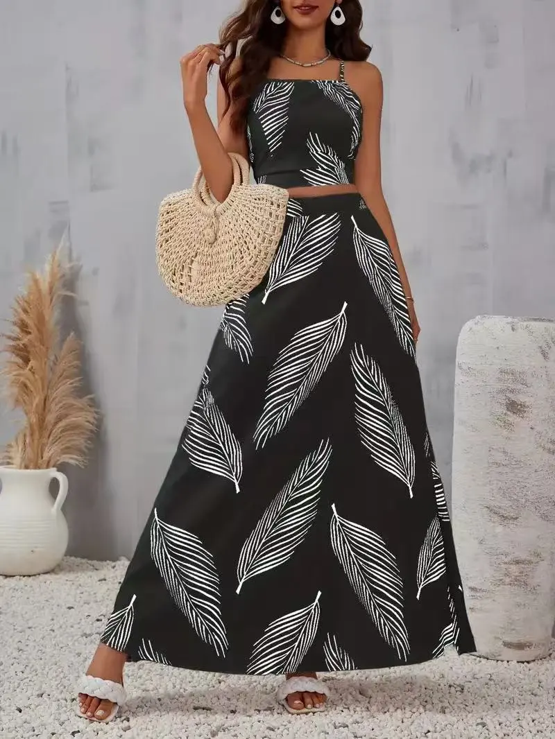 Holiday Floral Print Elegant Two-piece Set Overall Dress Set - Black