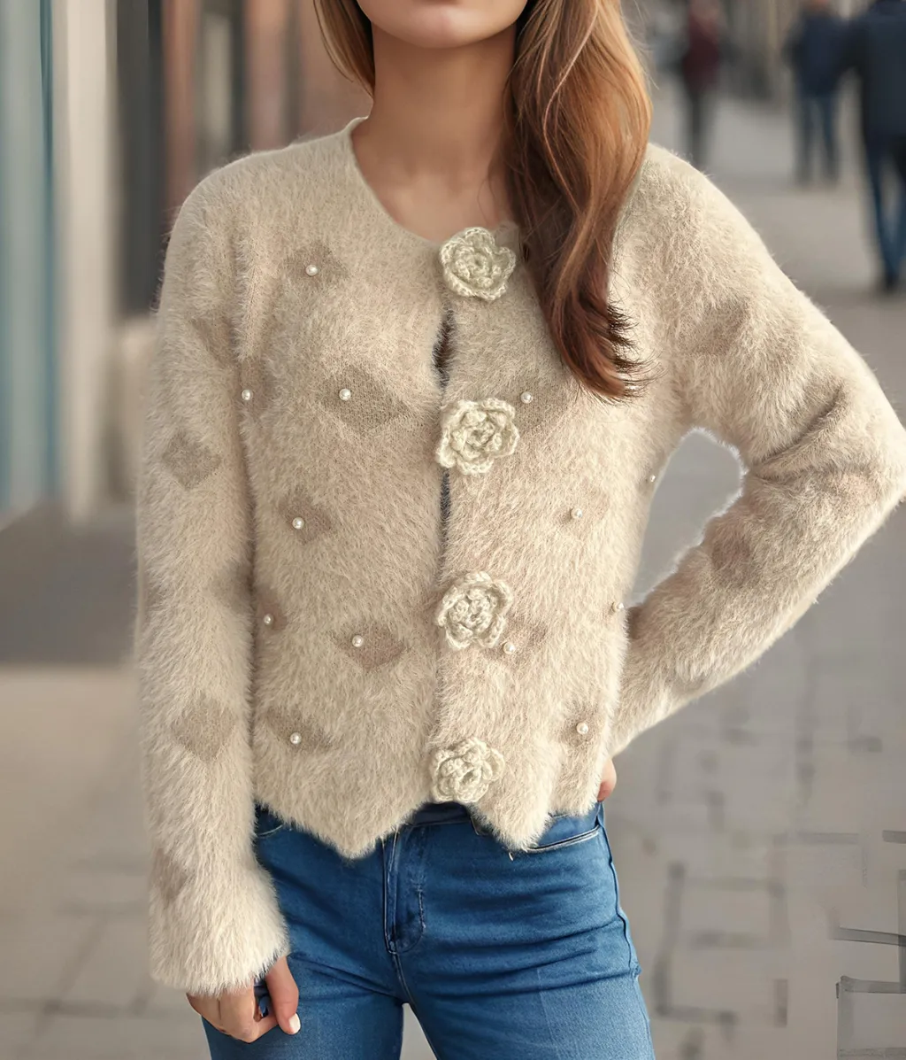 Beads Rhinestones Three-dimensional Flower Button Sweater - Apricot