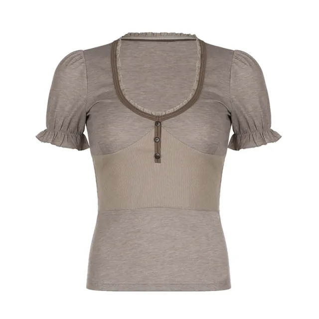 American Contrast Color Binding V neck Slim Fit Puff Sleeve T shirt Khaki - Shop at LoveMi