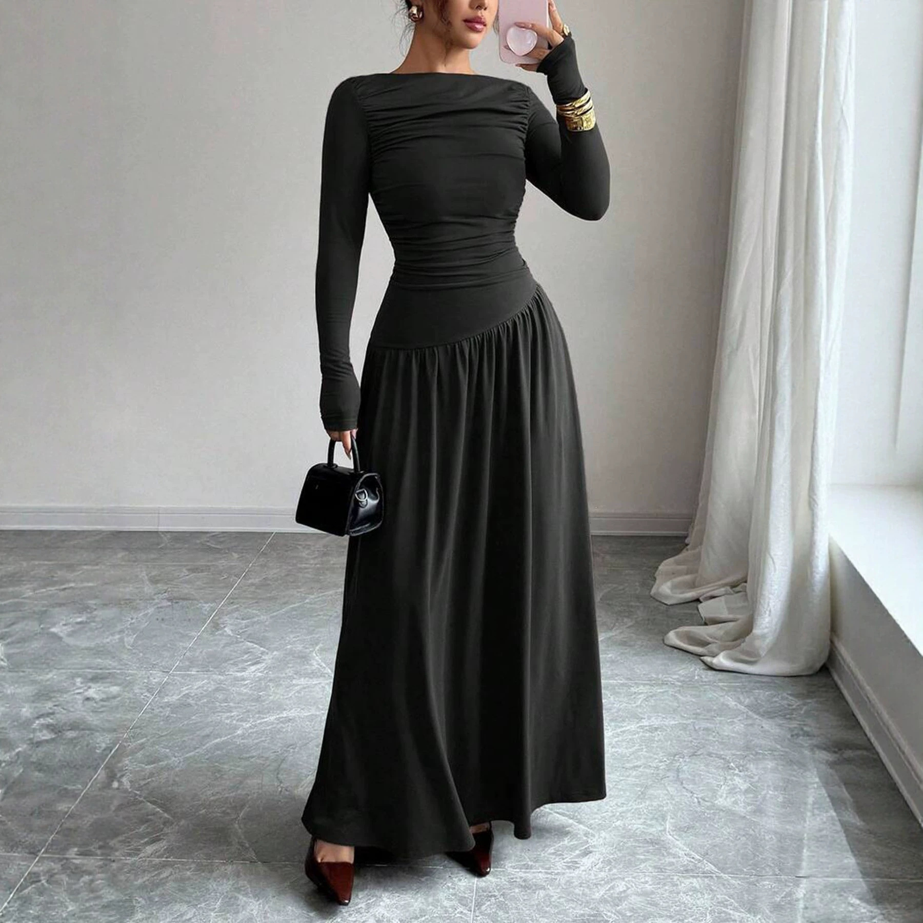 European And American High-end Autumnwinter New Long-sleeve Pleated-waist Off-shoulder Maxi Dress