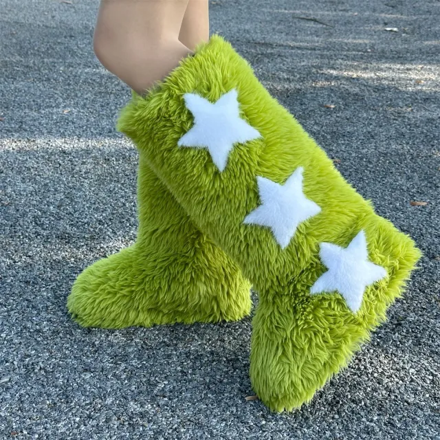 European And American Flat Heel High top Warm Winter Long Tube Fur Boots Green - Shop at LoveMi
