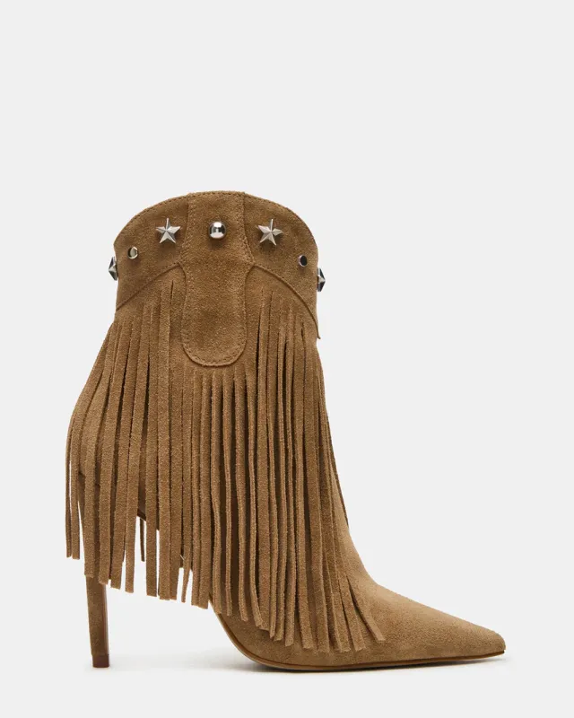 Fringed Studded High heeled Pointed toe Ankle Boots With A Side Zipper Khaki - Shop at LoveMi