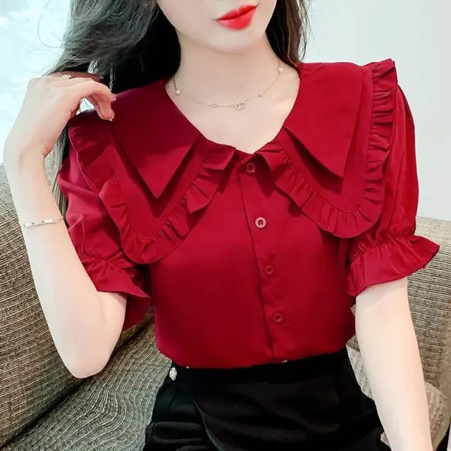 Double Doll Collar Short Sleeve Chiffon Shirt Red - Shop at LoveMi