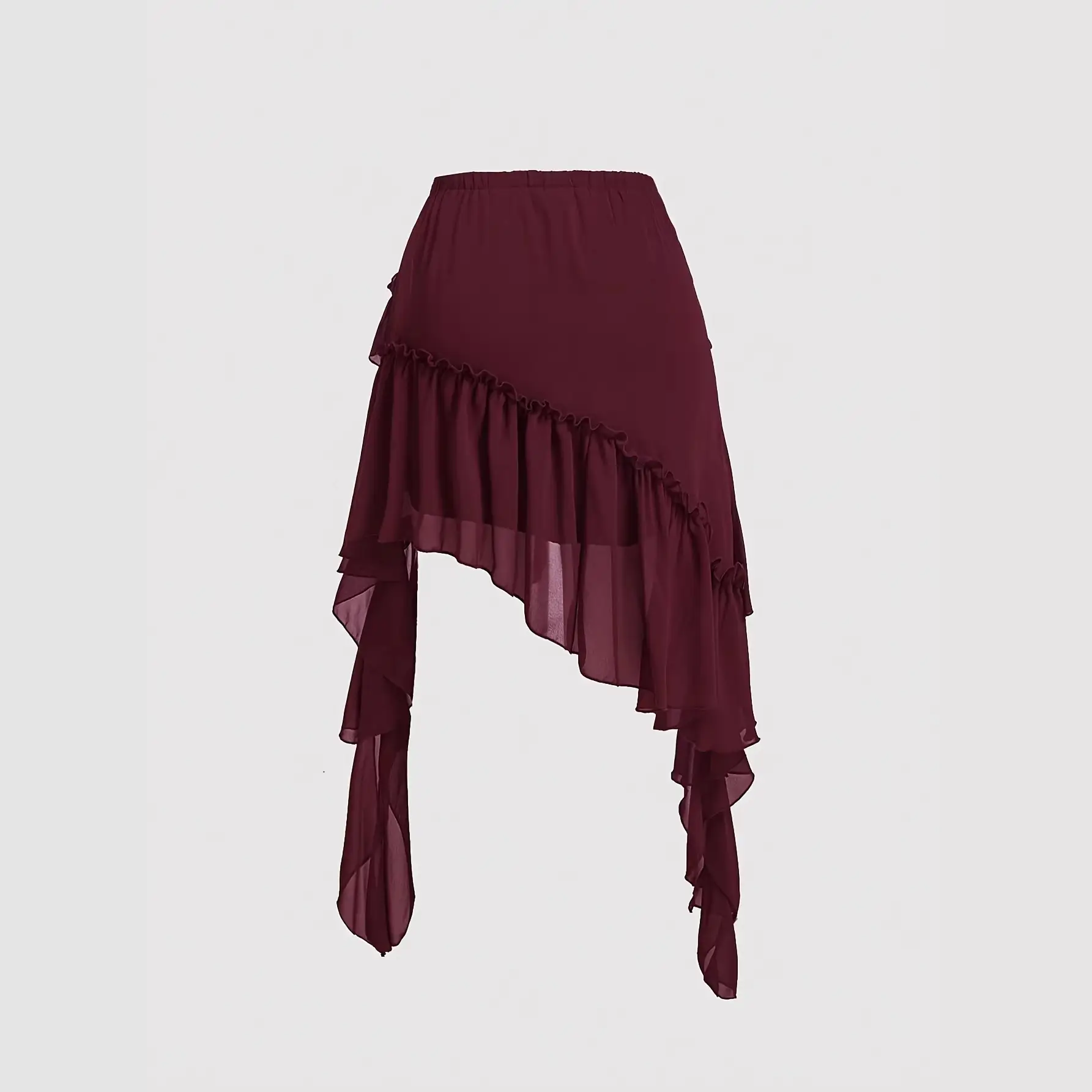 Red Short Floral Ruffled Asymmetrical Skirt