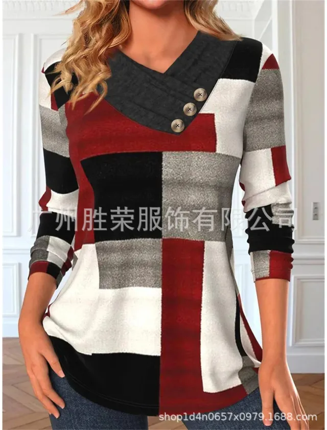 Three button V collar Contrast Color Long sleeved Sweater Red - Shop at LoveMi