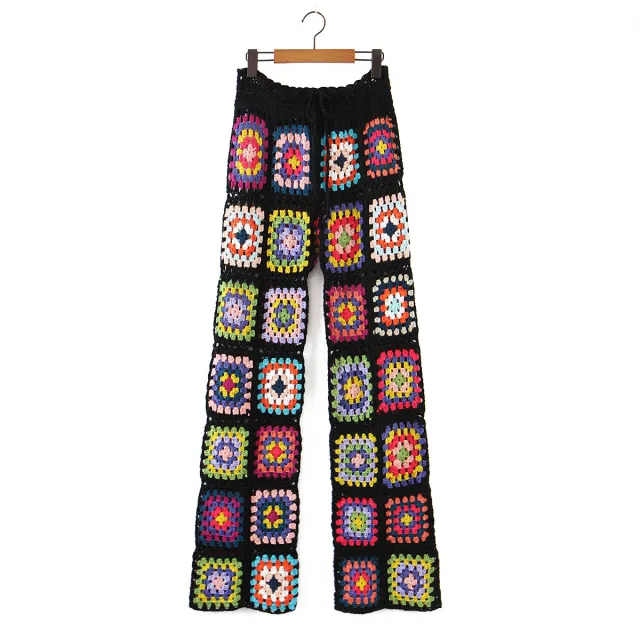 High Waist Colorful Flowers Pattern Handmade Crocheted Trousers Black - Shop at LoveMi