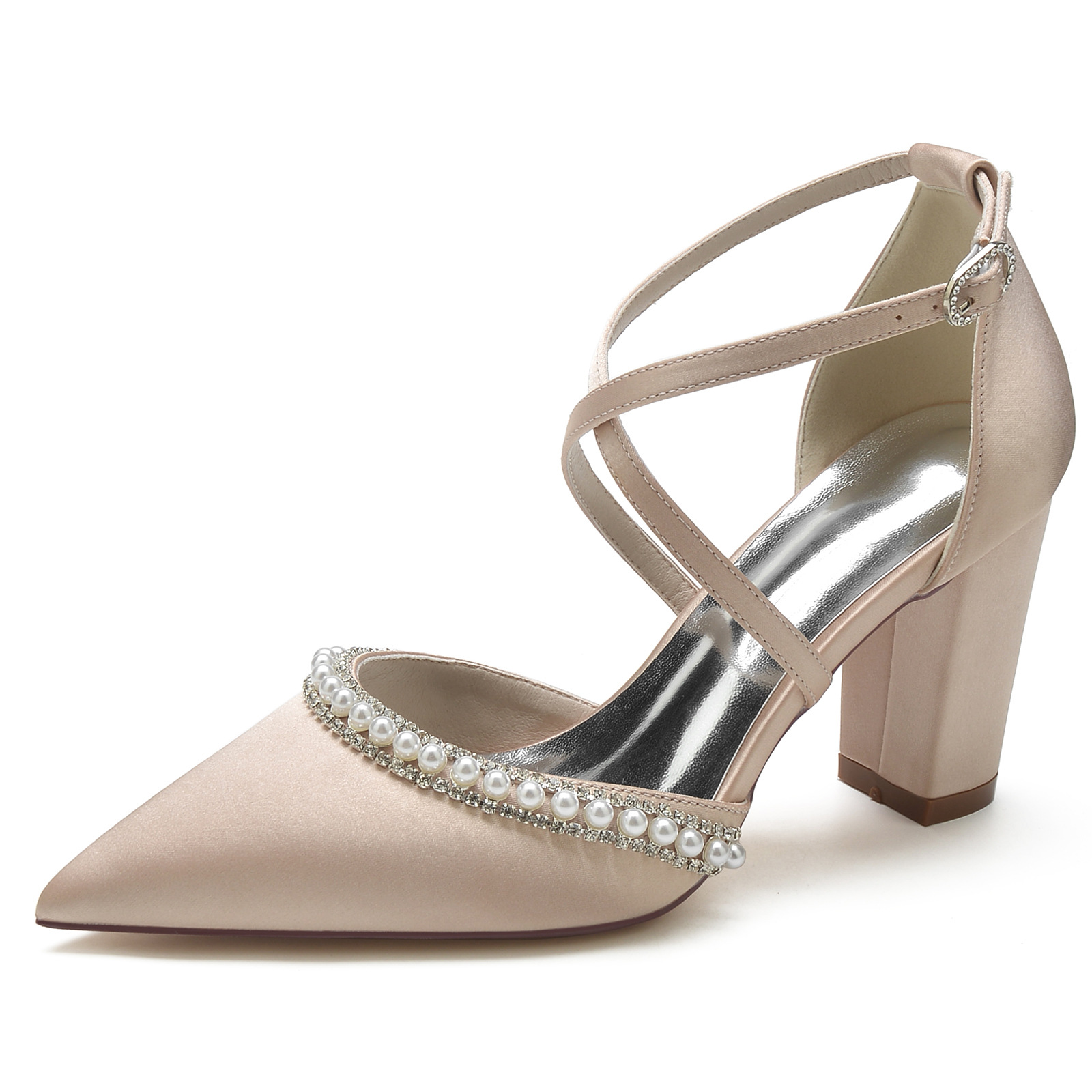 Title 31, Satijnen pumps met spitse neus, blokhak, strass...