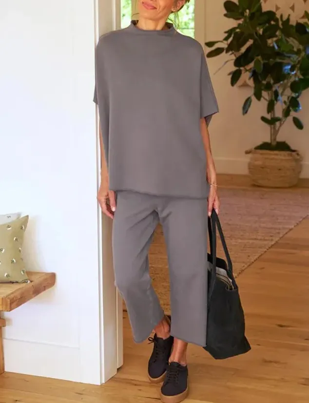 Casual Dolman Sleeve Pullover Wide Leg Pants Suit Gray - Shop at LoveMi