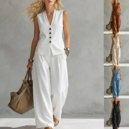 Womens Solid-Colored Sleeveless Casual Linen Tank Top And Pants Set 2