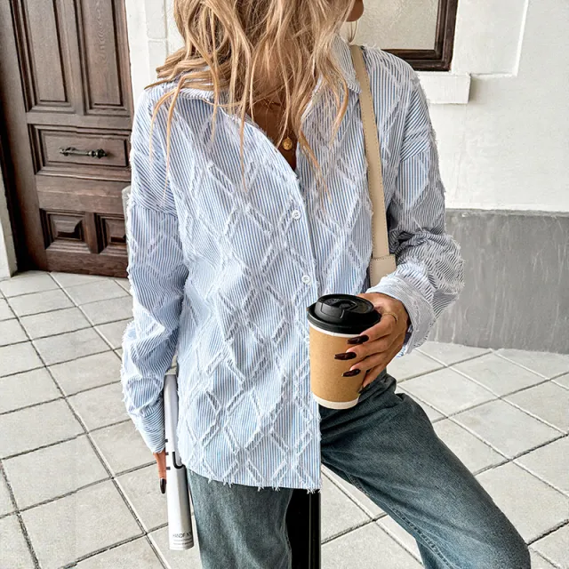 White Blue White Striped Cardigan Shirt Coat For Women Blue - Shop at LoveMi