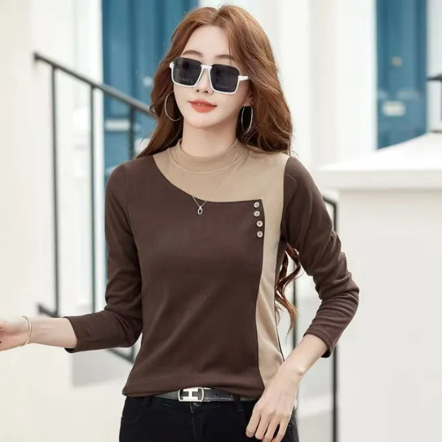 Fleece lined Korean Style Slimming Bottoming Shirt Autumn And Winter Brown - Shop at LoveMi