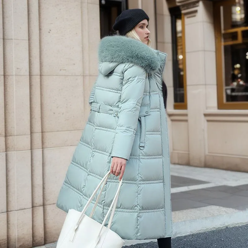 Winter Slim Long Jacket With Fur Hood And Belt Fashion Solid Hooded Coat Warm Clothing For Women - Green