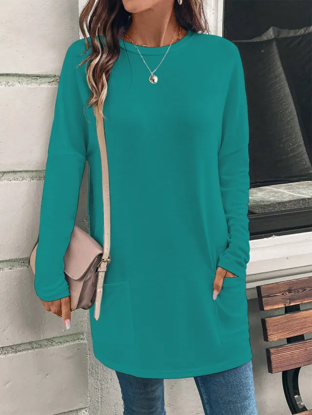 Women's Solid Color Long Sleeve Loose Round Neck Pocket Top T shirt Peacock Blue - Shop at LoveMi