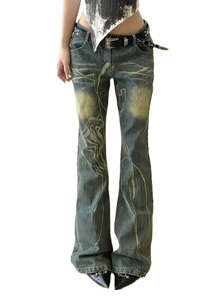 American Plus Size Retro Worn Looking Washed-out Slightly Flared Jeans