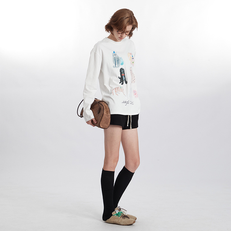 Casual Loose Long-sleeved Women's Cat Graffiti Round Neck Top
