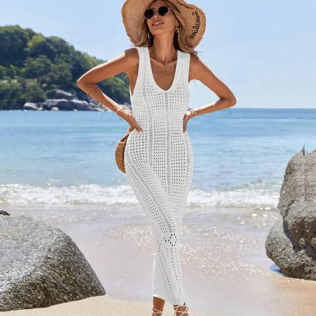 Knitted Hollow out Long Vest Bikini Blouse Dress White - Shop at LoveMi