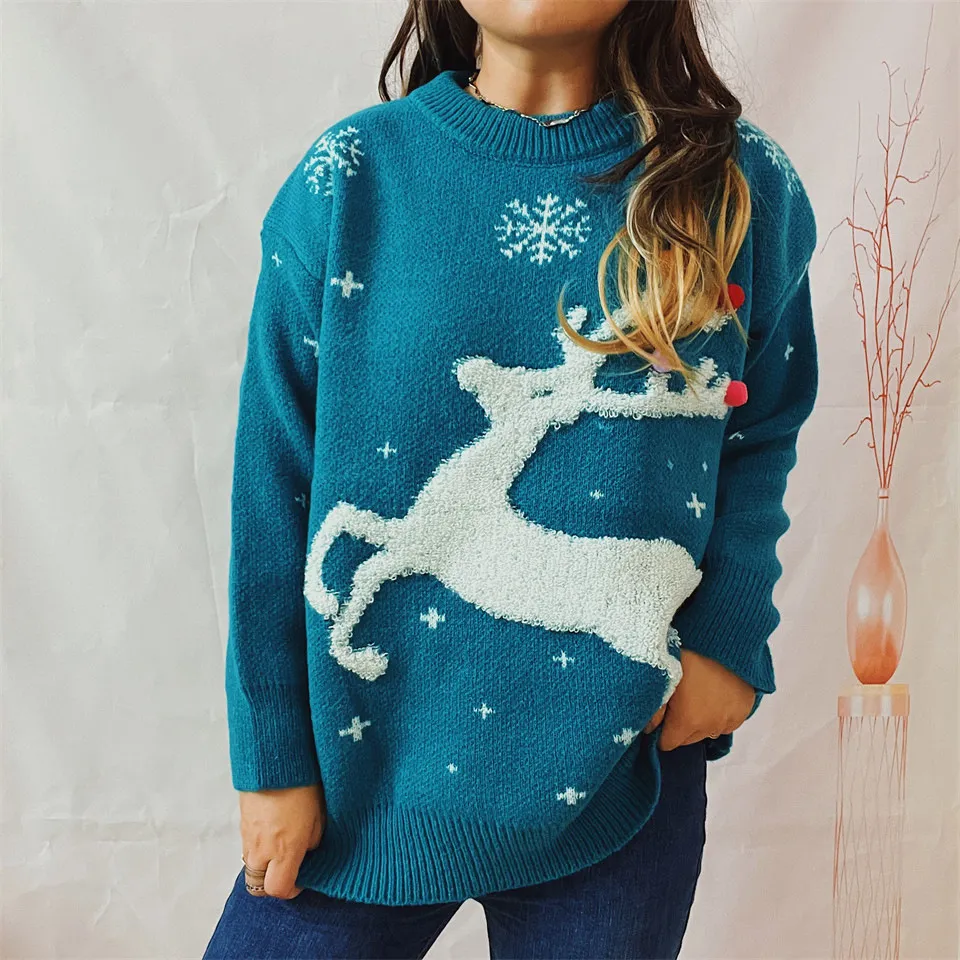 Women's Deer Snowflake Jacquard Colorful Ball Christmas Sweater - Blue