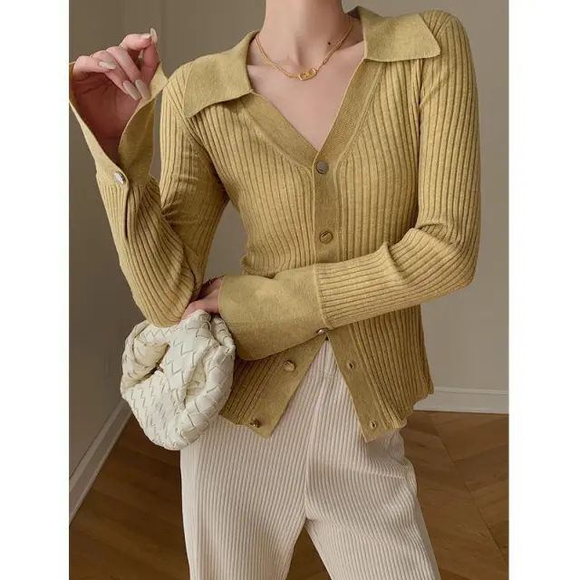 Fashionable Temperament Solid Color V neck Knitted Cardigan Yellow - Shop at LoveMi