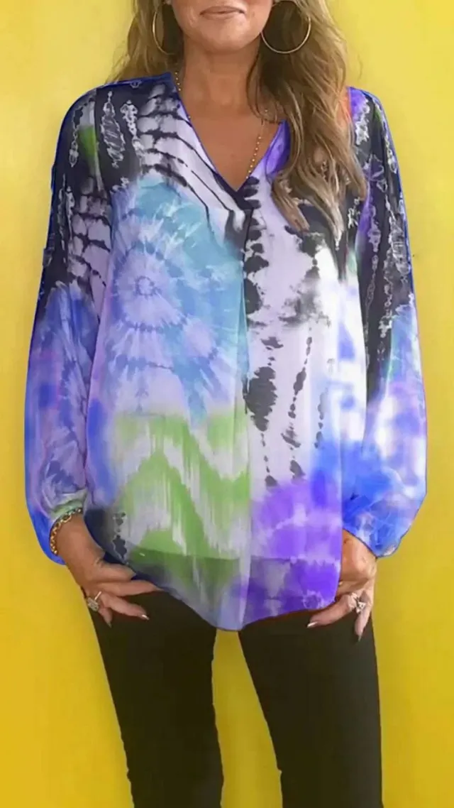 Casual Tie dye Printing Multicolor V neck Shirt Blue - Shop at LoveMi