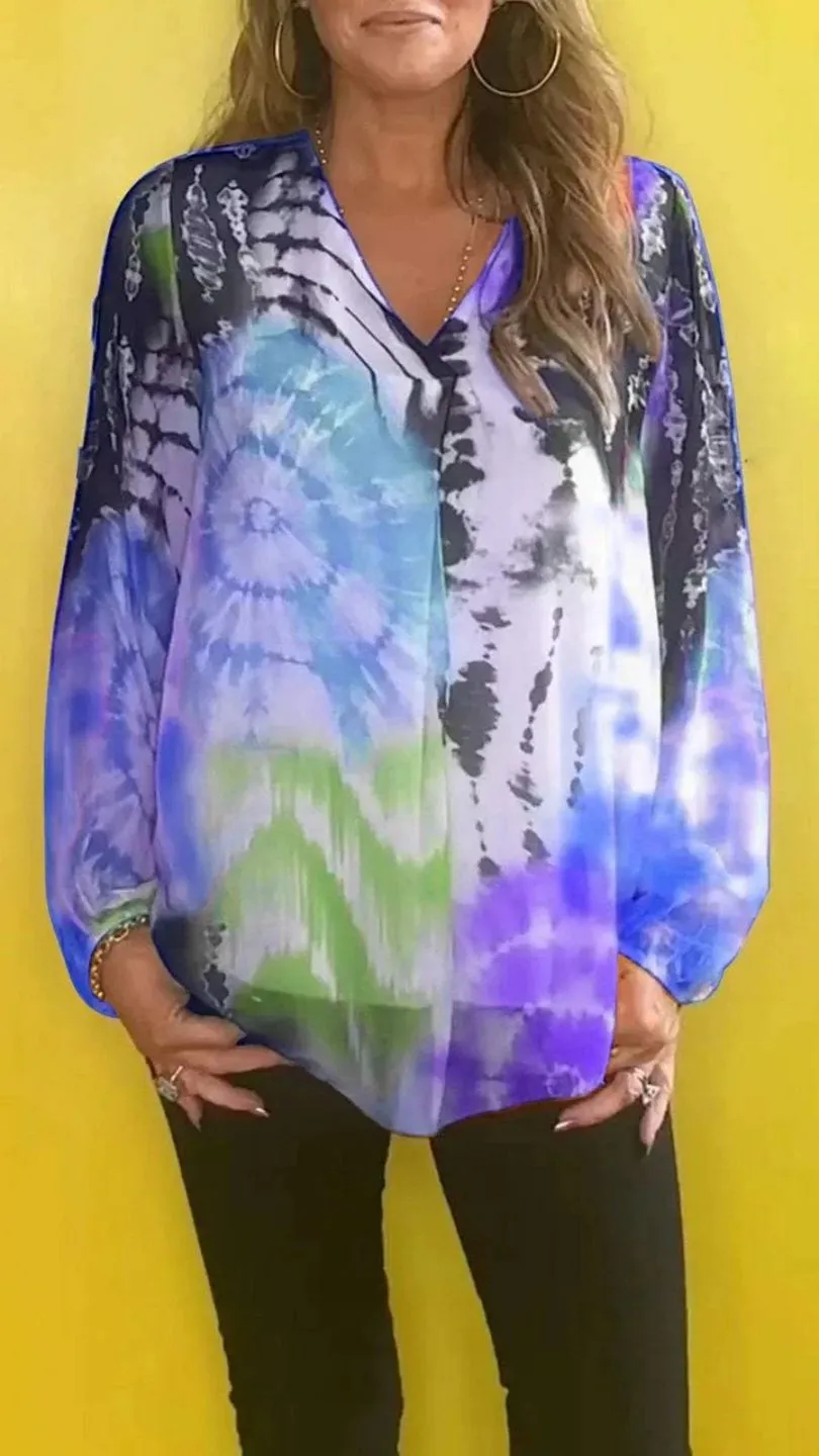 Casual Tie-dye Printing Multicolor V-neck Shirt - Blue