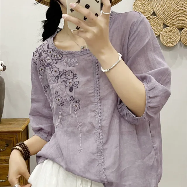 Cotton And Linen Thin Embroidery T shirt Female Art Blouse Purple - Shop at LoveMi
