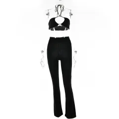 Casual Suit Sexy Tube Top Drawstring Halter Top High Waist - Black - View 1