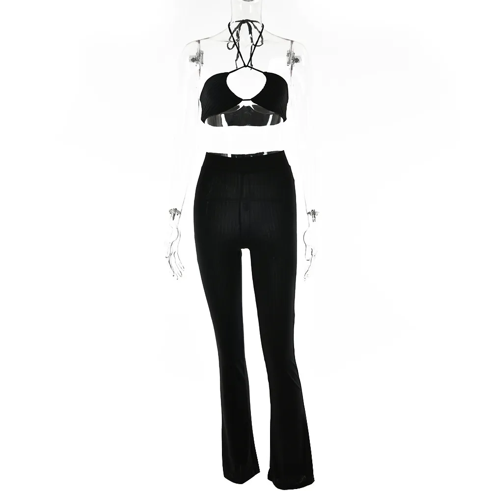 Casual Suit Sexy Tube Top Drawstring Halter Top High Waist - Black