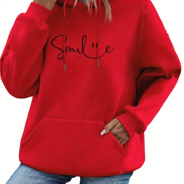 Womens Smile Print Hoodie With Kangaroo Pocket comfortable Red - Shop at LoveMi