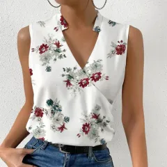 Casual Printed Tops Summer V-neck Sleeveless T-shirt Womens Clothing - Figure 2 - View 1