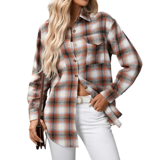 Casual Fashion Loose Plaid Pocket Shirt For Women Fantasy Orange - Shop at LoveMi