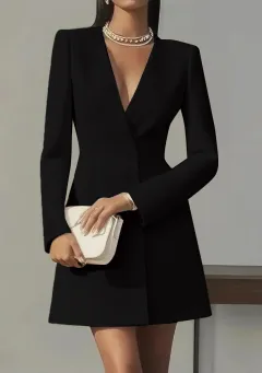 Solid-colour V-neck Suit-style French Dress For Women - Black - View 1