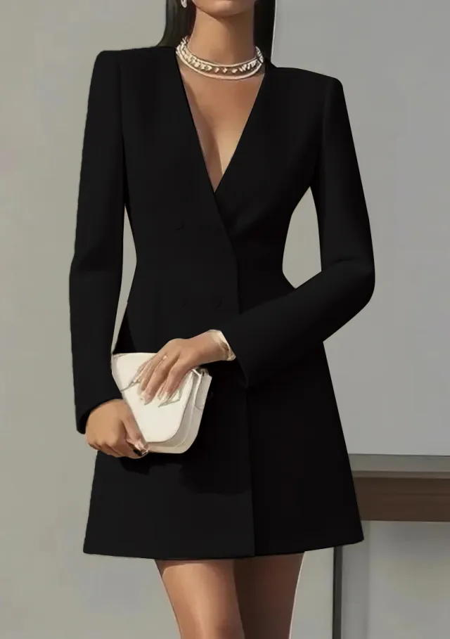 Solid color V neck Suit style French Dress For Women Black - Shop at LoveMi