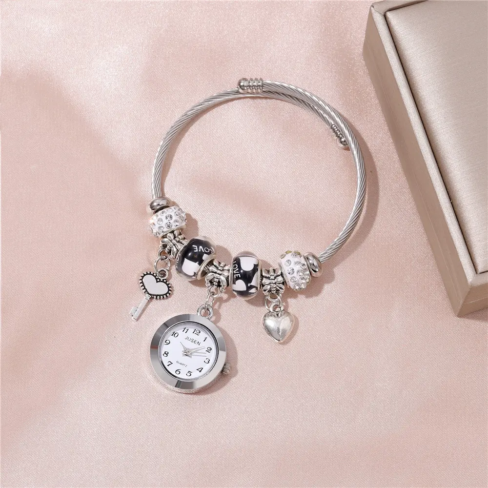 Women Bangle Watch Love Heart Key Pendant