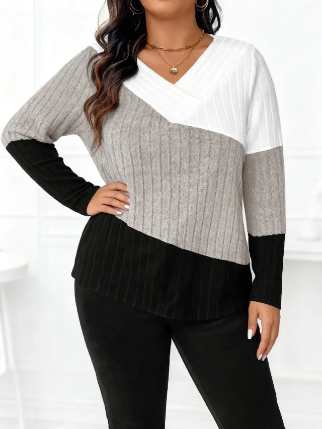 Solid Color Patchwork Knit Sweater Khaki - Shop at LoveMi