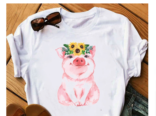 Pinkpig Wearing Flower Printed Short-sleeved T-shirt