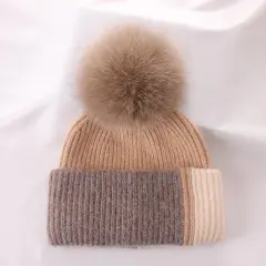 Rabbit Fur Autumn Winter Korean Cute Real Fox Fur Ball Thick Warm Plush Knitted Hat - Khaki - View 1