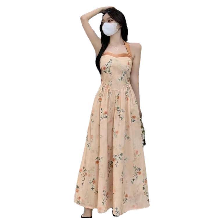 Gentle Artistic Style Girls' Sunscreen Meat Hiding Cardigan Halter Floral High Waist Dress