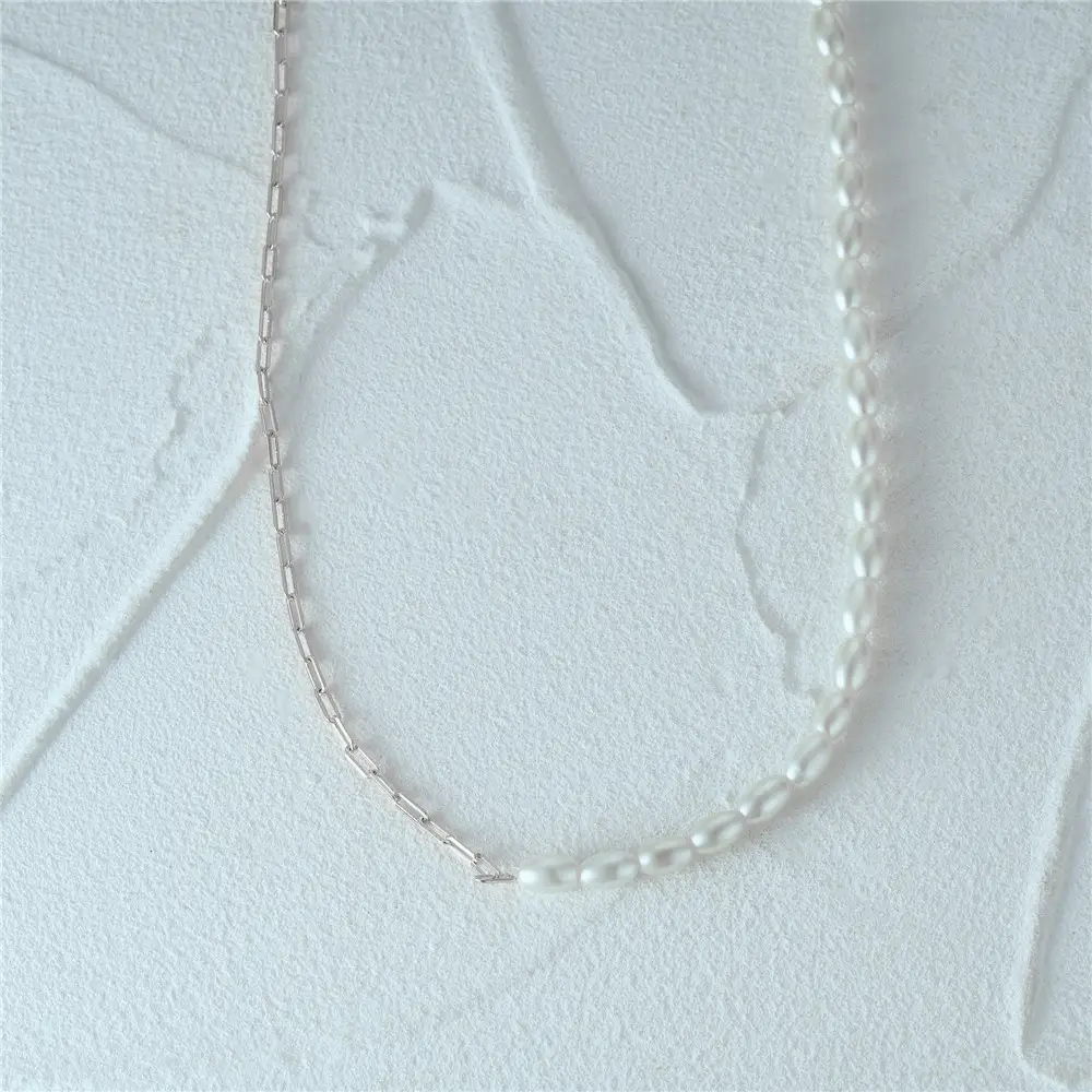 New 925 Sterling Silver Pearl Chain Stitching Necklace
