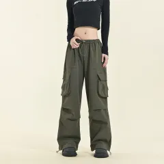 Multi-pocket Casual Drawstring Loose Straight Cargo Pants Trousers - Army Green - View 1